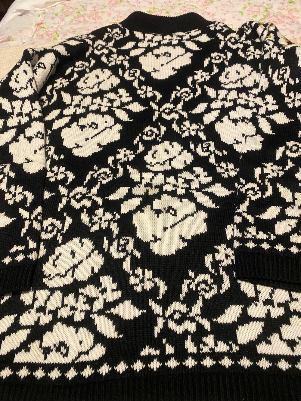 EXCHANGE Black Knit Sweater with White and Gold Floral Jacquard - Picture 7 of 8